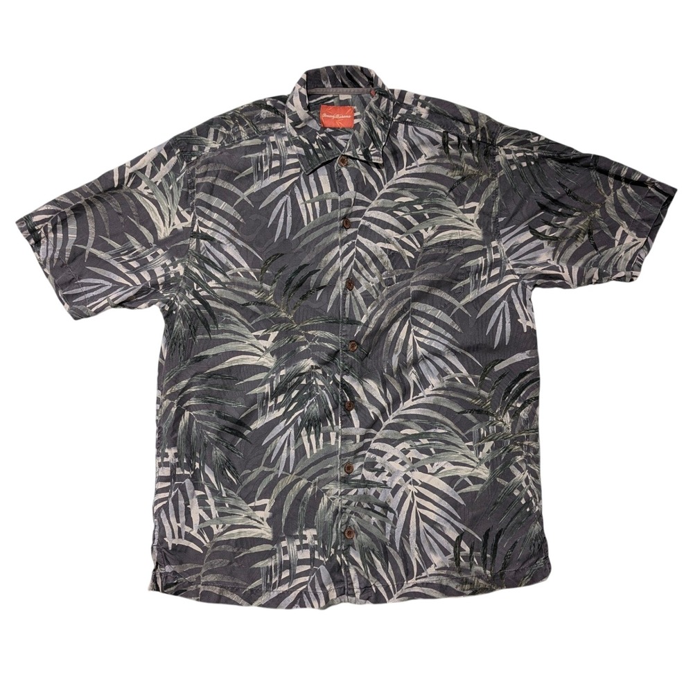 Tommy Bahama Mens M Silk Grey Palm Leaf Print Short Sleeve‎ Button Down Shirt